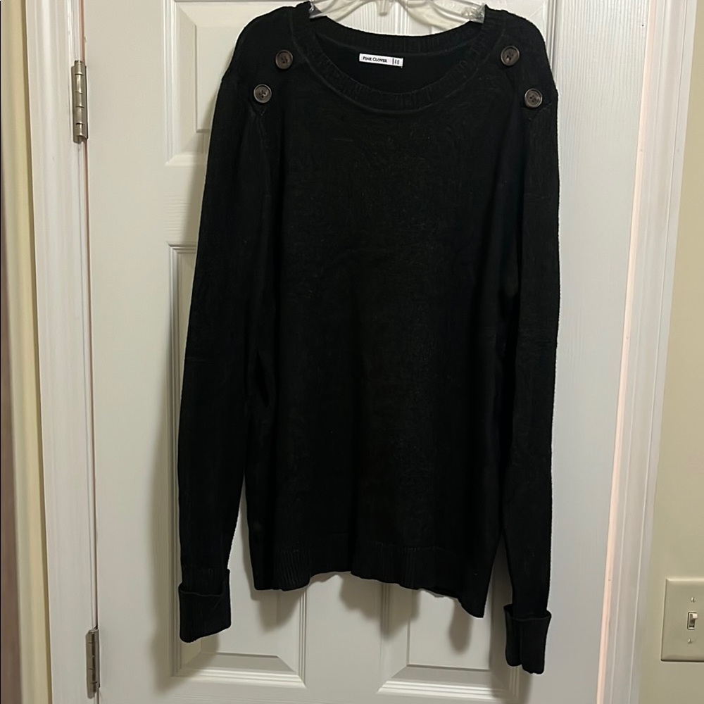 Pink Clover Black Crew Neck Sweater with Shoulder Details